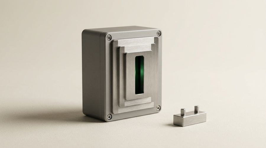 Una carcasa mate con placas de acero escalonadas y una única abertura verde oscuro hacia el interior, con una llave de acero al lado