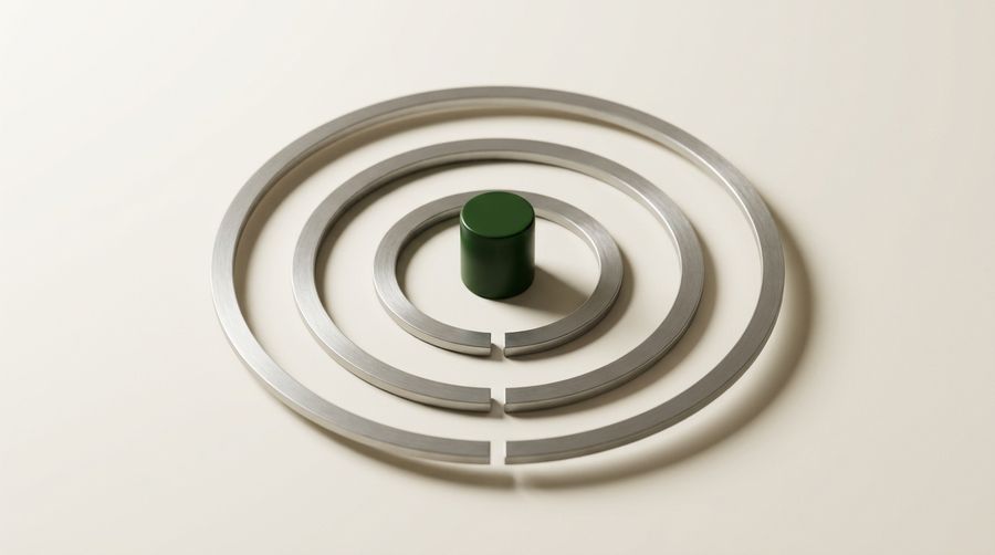 Tres anillos de acero anidados con aberturas alineadas que dejan un solo paso hasta un cilindro verde oscuro en el centro