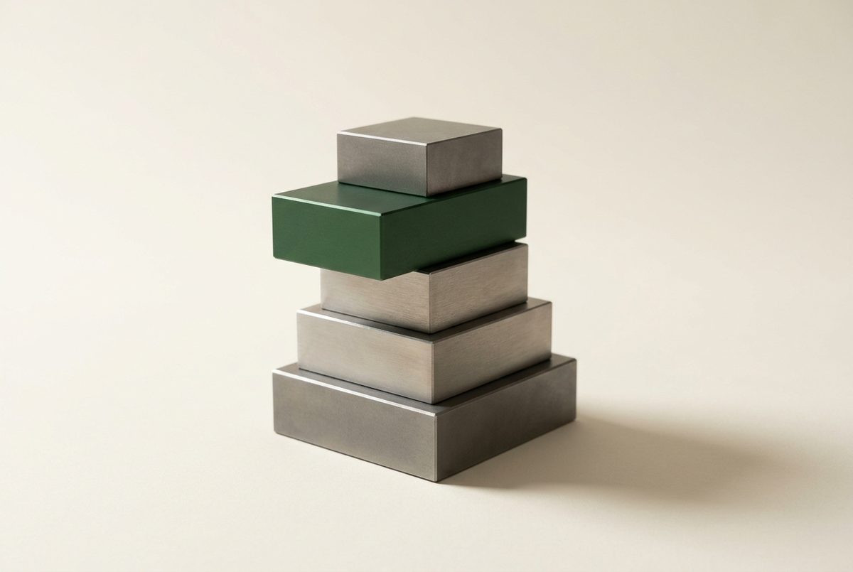 A column of five machined blocks of decreasing size, with the second block from the top in deep green and pushed out of line with the rest
