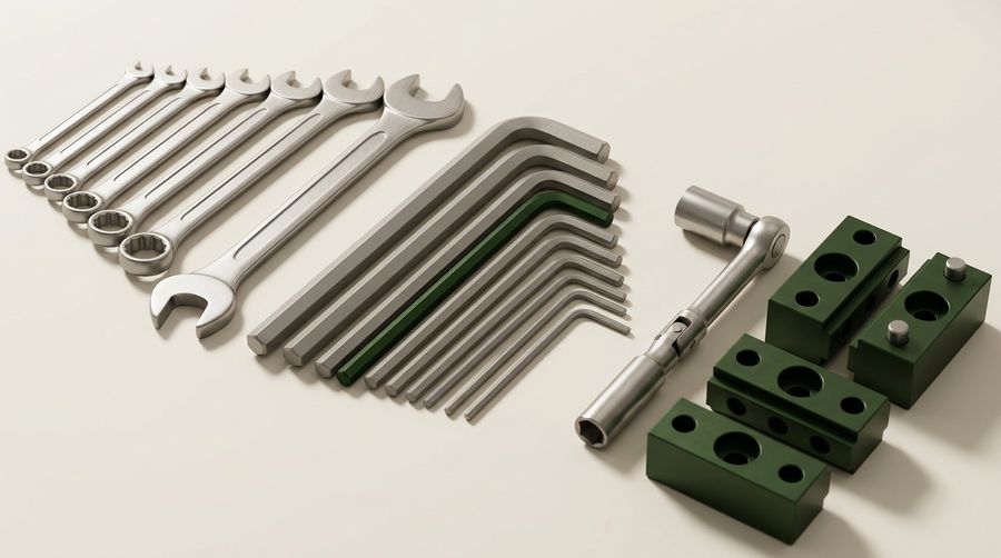Wrenches and hex keys fanned out on a pale surface beside deep-green machined blocks, one hex key green as well