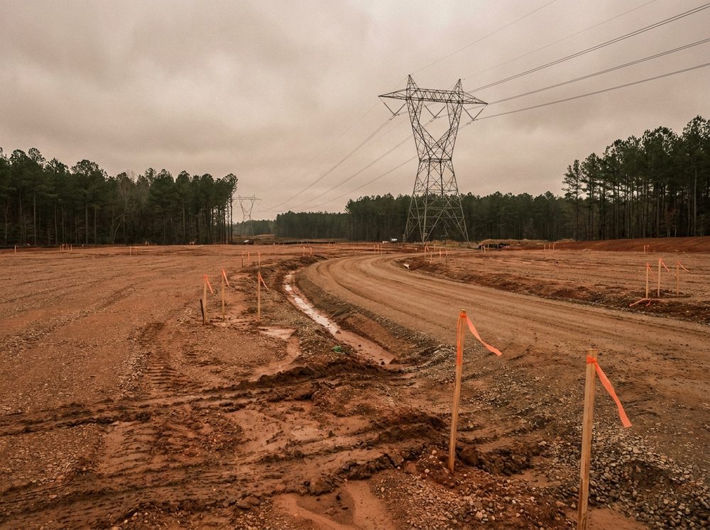 Graded and staked data center site with a high-voltage transmission line crossing behind it