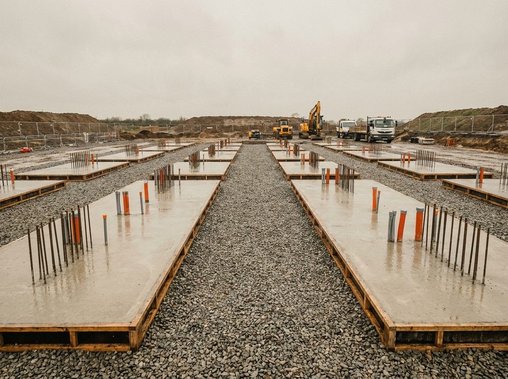 Freshly poured concrete foundation pads in rows with rebar and electrical conduit stubs