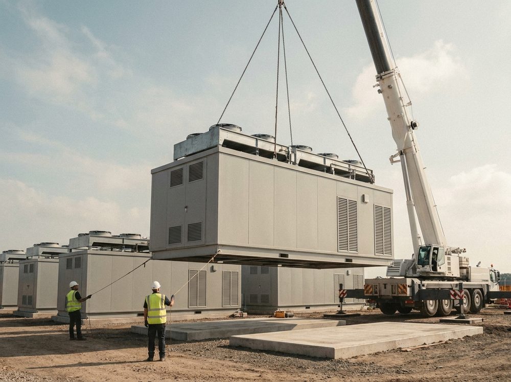 Mobile crane lowering a prefabricated data center module onto its concrete pad
