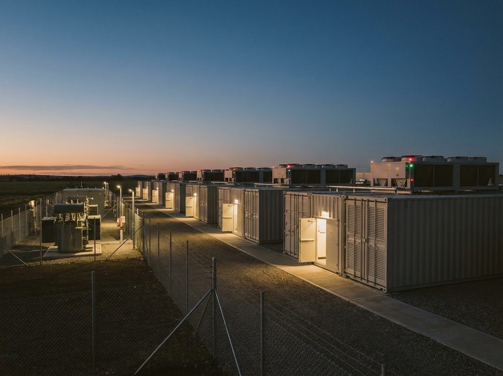 Energized rows of modular data center units at dusk with the substation lit alongside