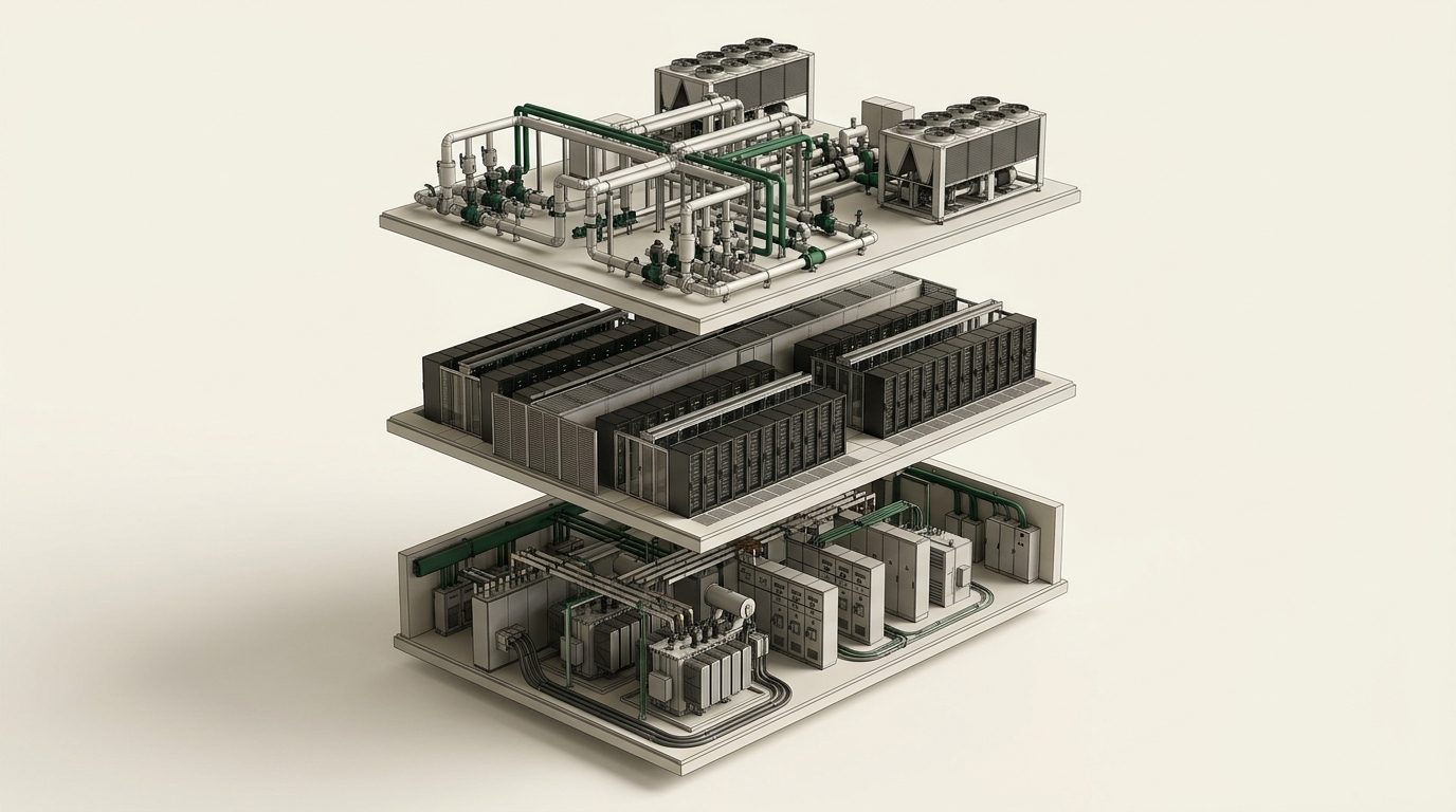 Exploded cutaway of a three-level modular data center showing the power floor, the rack floor and the cooling plant above it