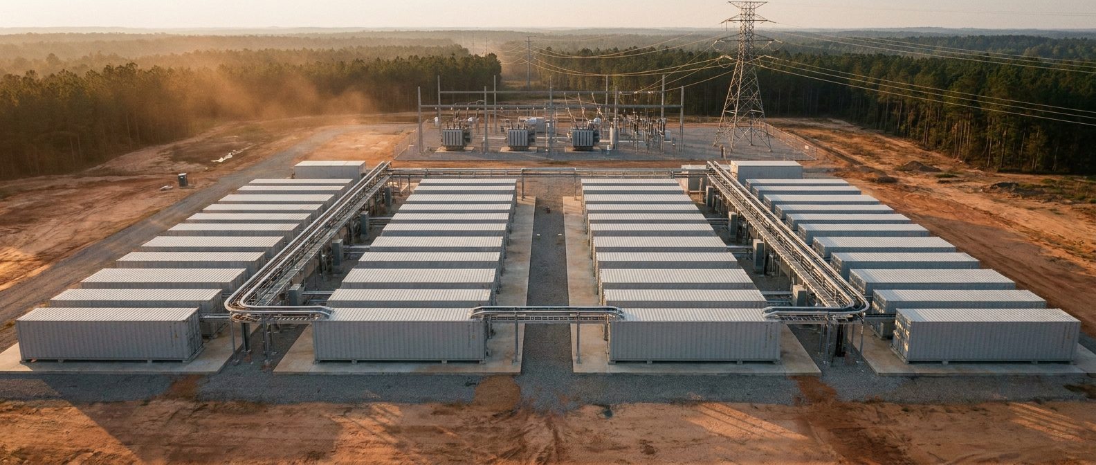 Rows of modular data center units on a prepared site, with a private substation and high-voltage transmission line behind