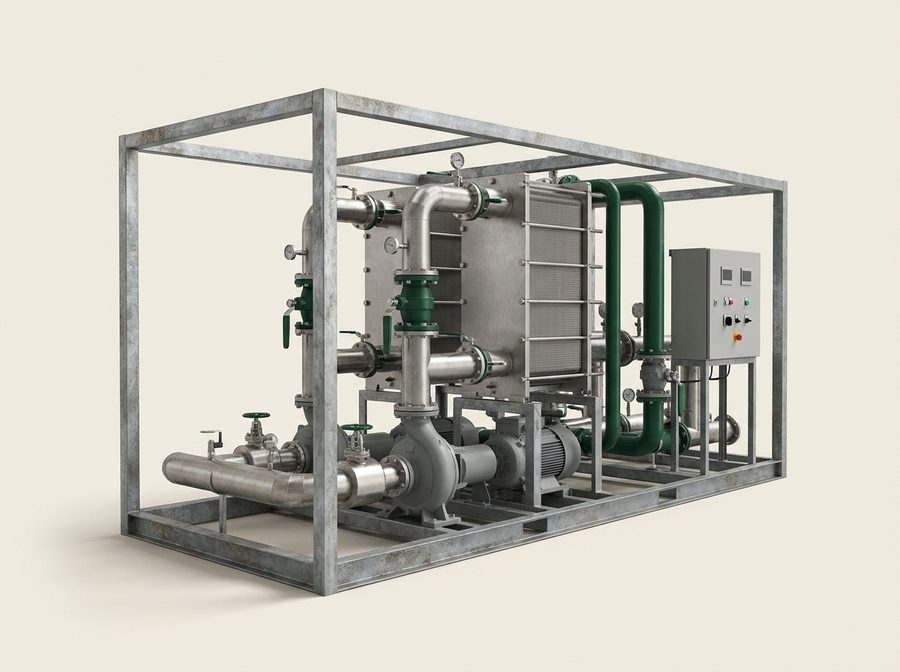 Cooling distribution module with plate heat exchangers, redundant pumps and insulated stainless pipework