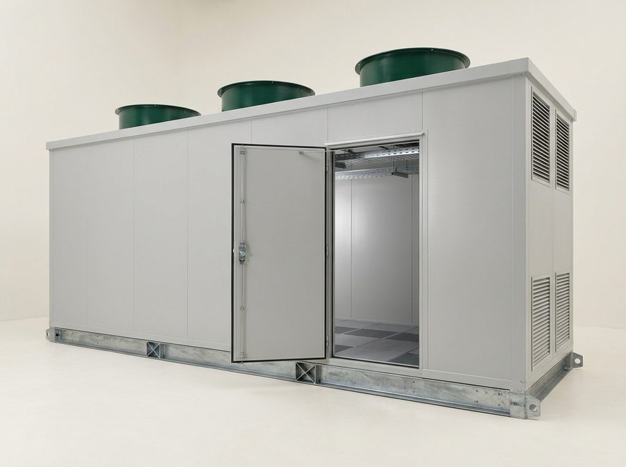 Prefabricated data center enclosure with one door open, showing the raised floor and overhead cable trays inside