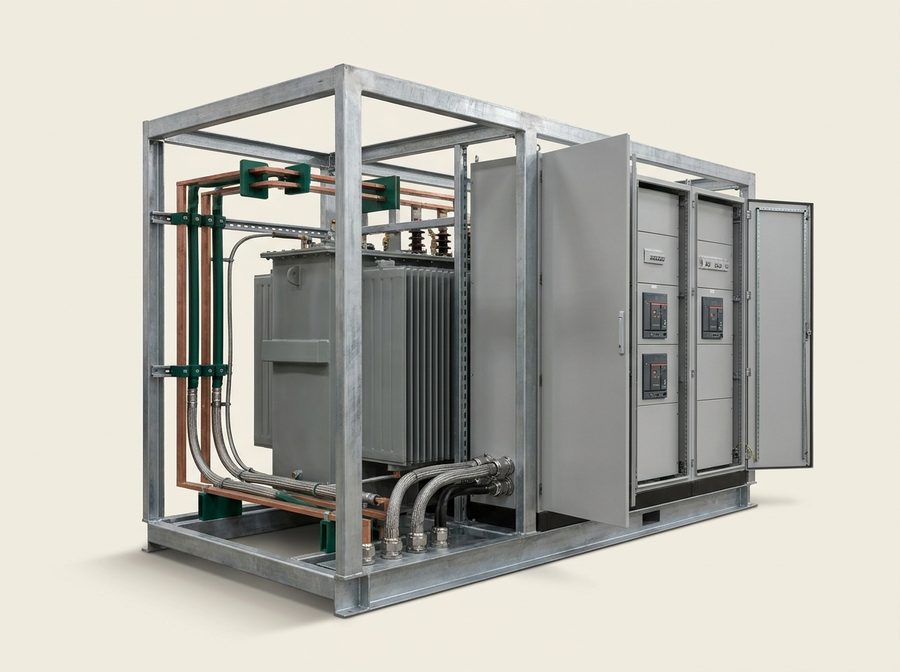 Skid-mounted power module with a transformer, switchgear cabinets and copper busbars in a galvanized steel frame
