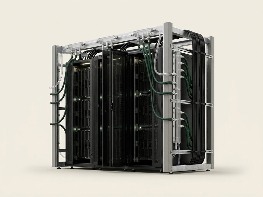 Liquid-cooled compute module: racks of GPU servers with coolant manifolds and quick-disconnect hoses