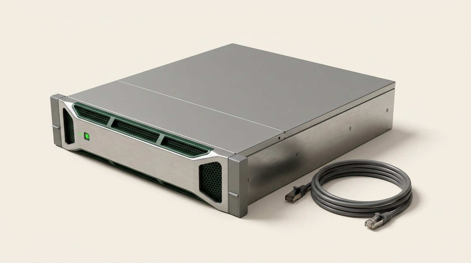 A compact self-hosted server appliance on a desk in a quiet office — the agent runs on hardware you own.