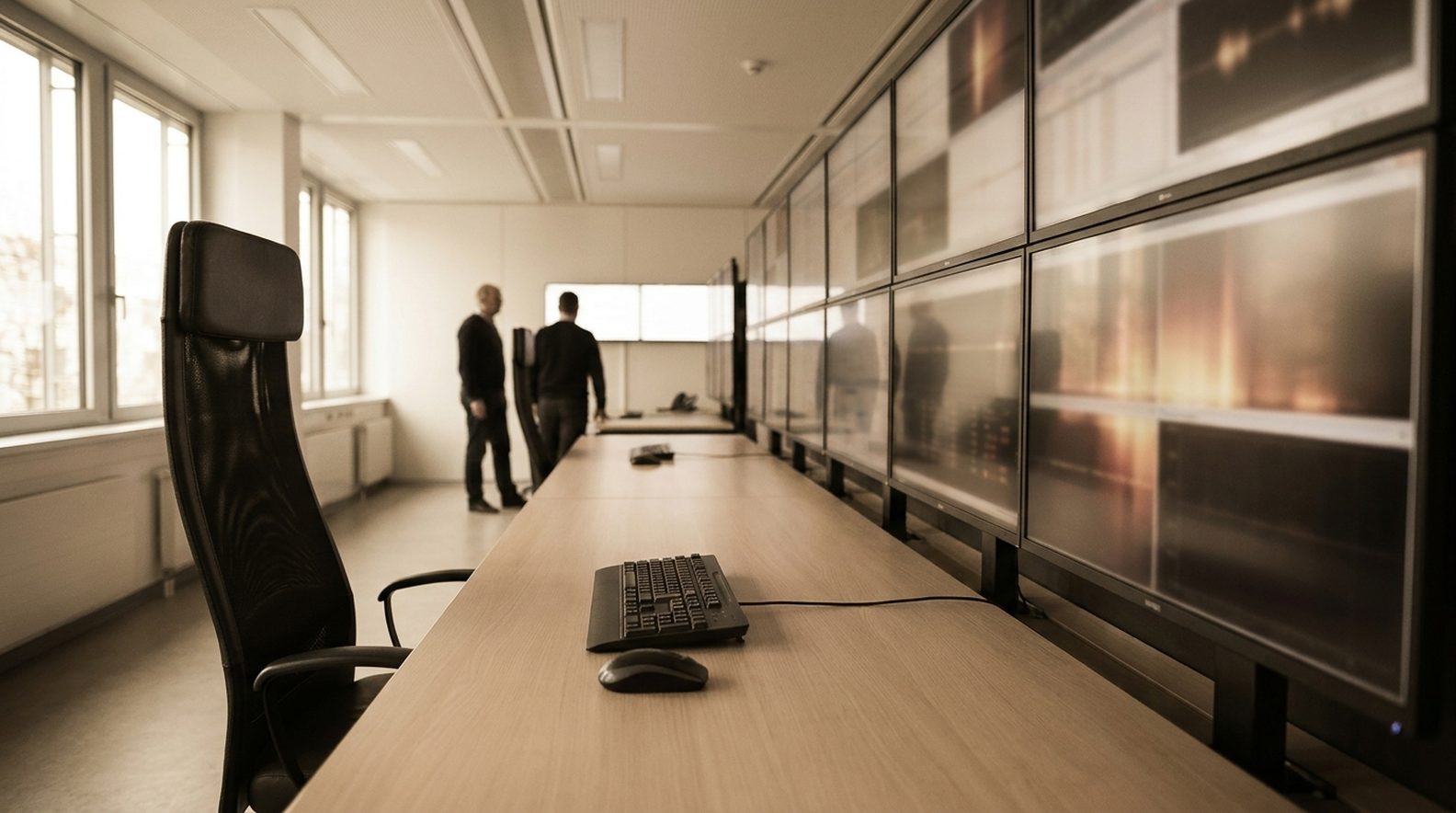 An open-plan office floor mid-afternoon, seen from the back — the whole company, not one power user.