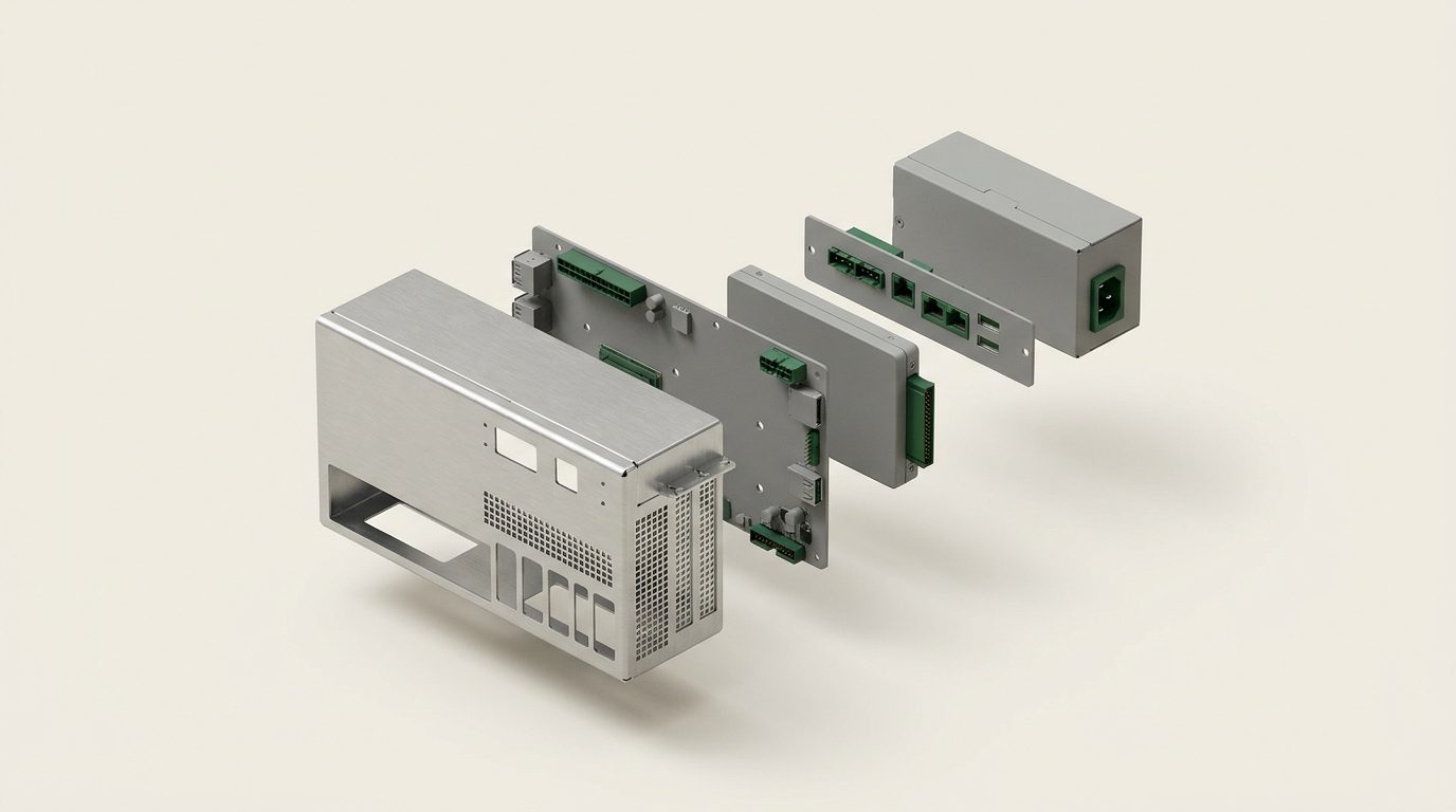Exploded view of the agent appliance: outer shell, mainboard, storage module, connector plate and power unit.