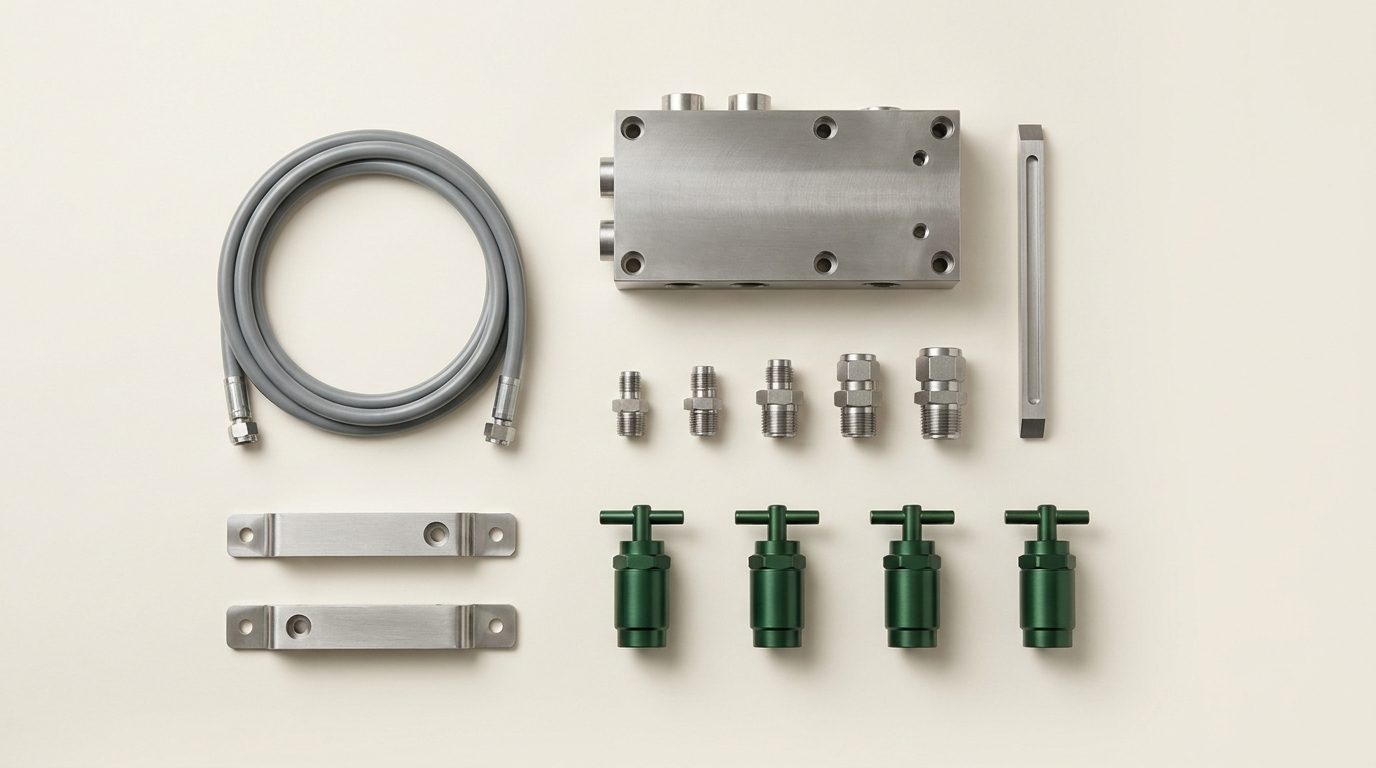 El kit de automatización extendido: bloque colector, racores ordenados por tamaño, manguera, válvulas, barra de indicadores y soportes.