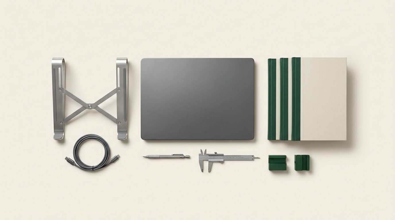 The training kit laid out flat: laptop and stand, three bound playbooks, pencil, calipers, cable and two machined blocks.