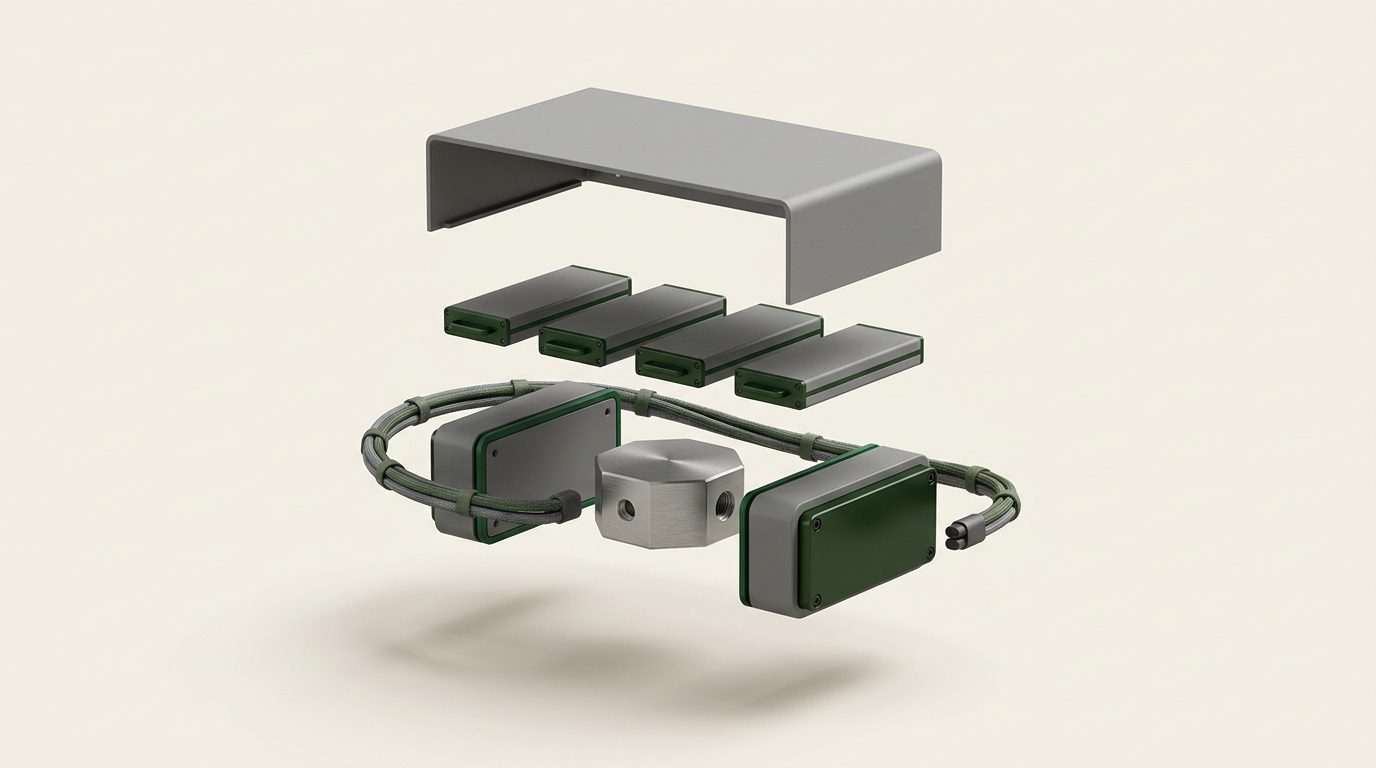 Exploded view of the platform: enclosure, four agent modules, a gateway hub, a sealed knowledge vault and the cable loom.