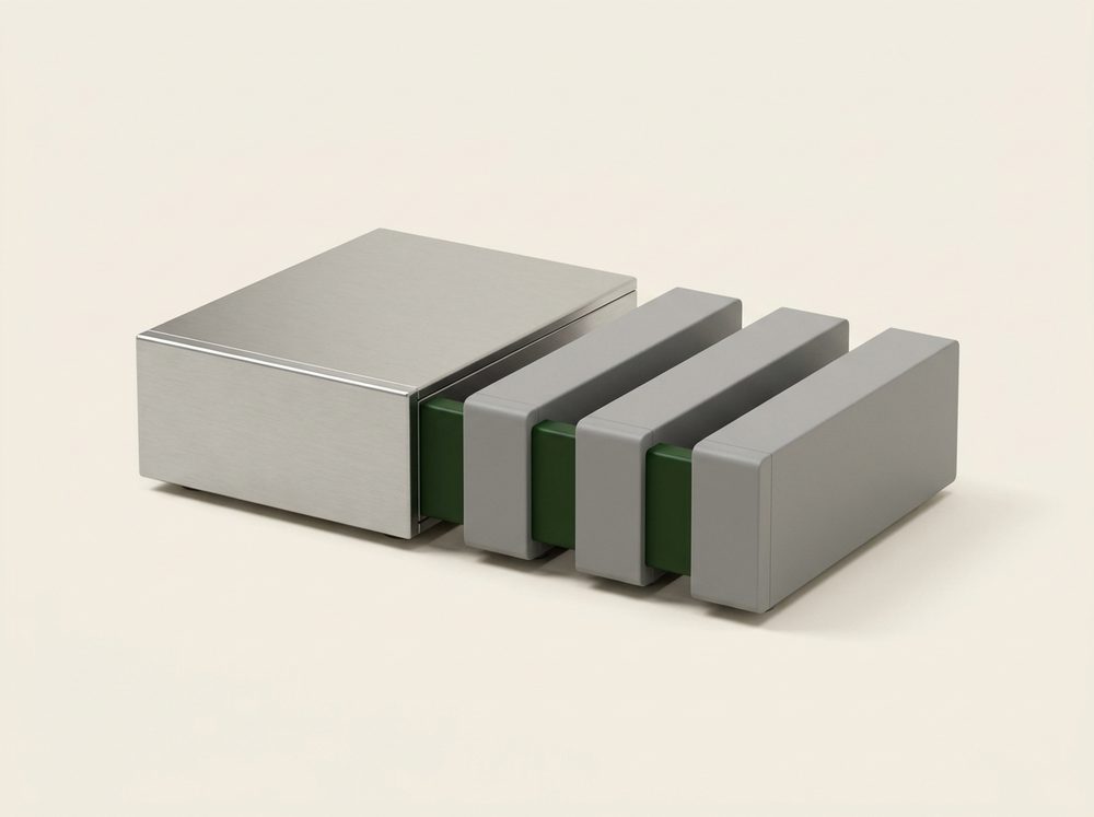 The same appliance with three expansion modules clipped alongside it in a row.