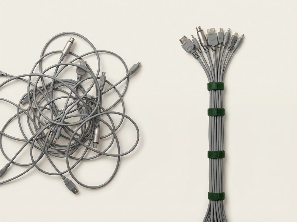 A un lado una maraña de cables sueltos; al otro, esos mismos cables peinados en un solo mazo.