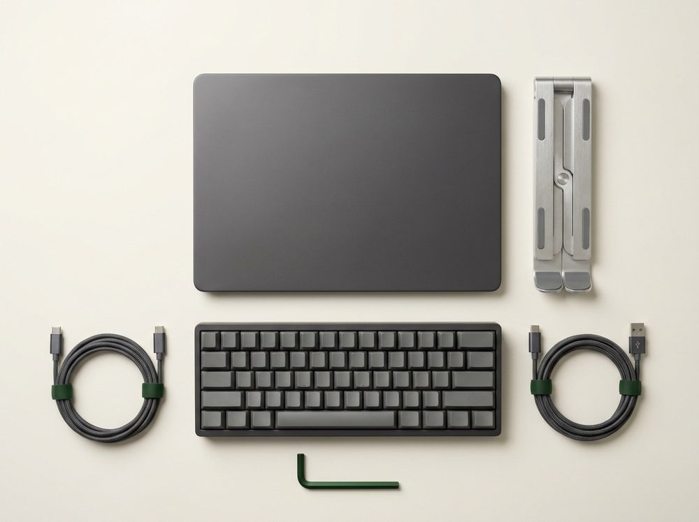 A workstation kit laid out in a grid: laptop, stand, keyboard, cables and a hex tool.