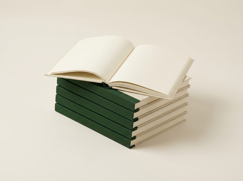 A stack of identical bound playbooks, the top one open at blank pages.