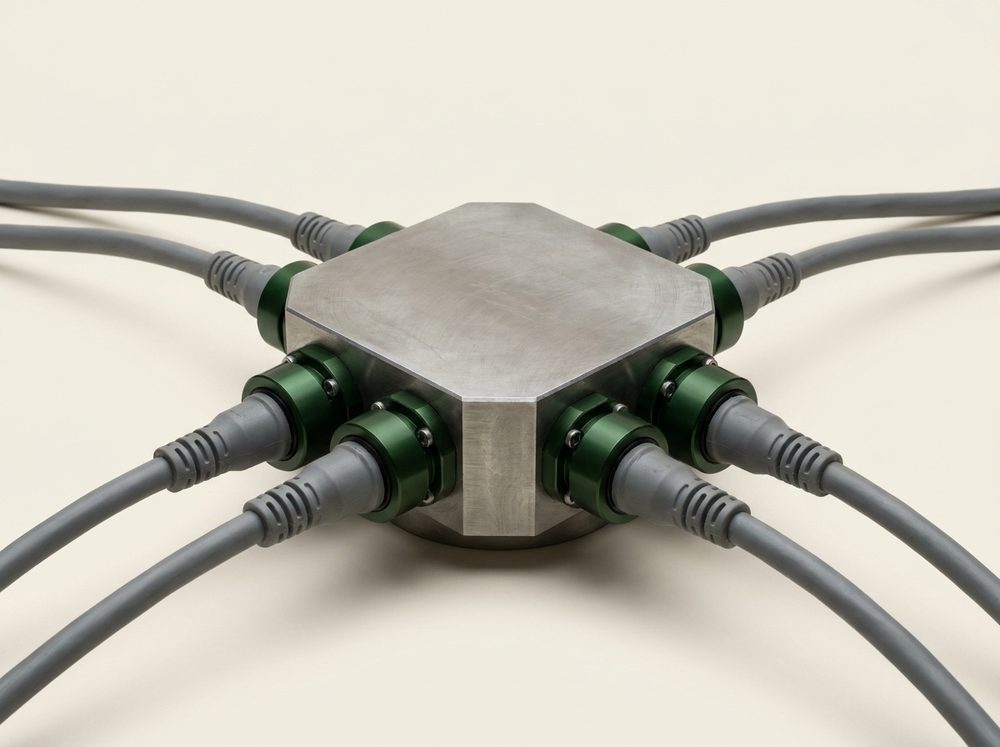 A steel hub block with eight cables running into it from every direction.