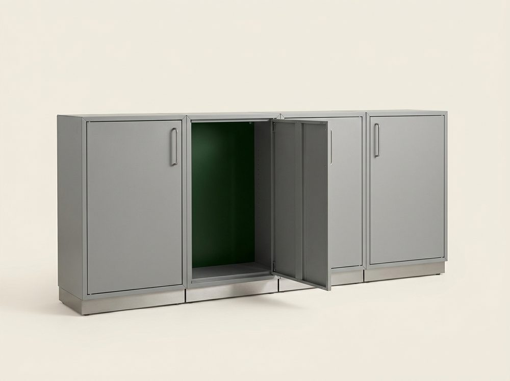 Four identical modular units side by side, the second one standing open.