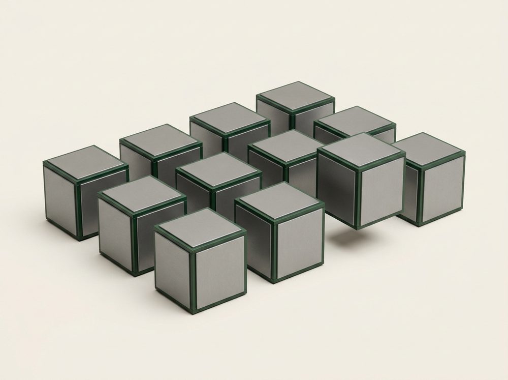 Twelve identical modules in a grid, one of them being set down into its place.