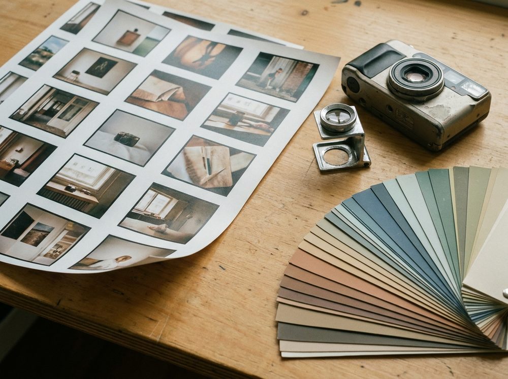 Printed proofs, a camera and colour swatches laid out on a studio table.