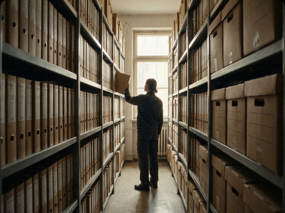 An archive aisle of identical binders, one being pulled from the shelf.