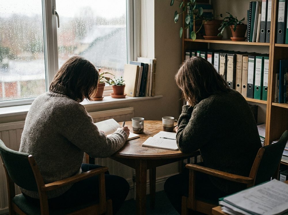 Two colleagues going through a deal at a table by the window.