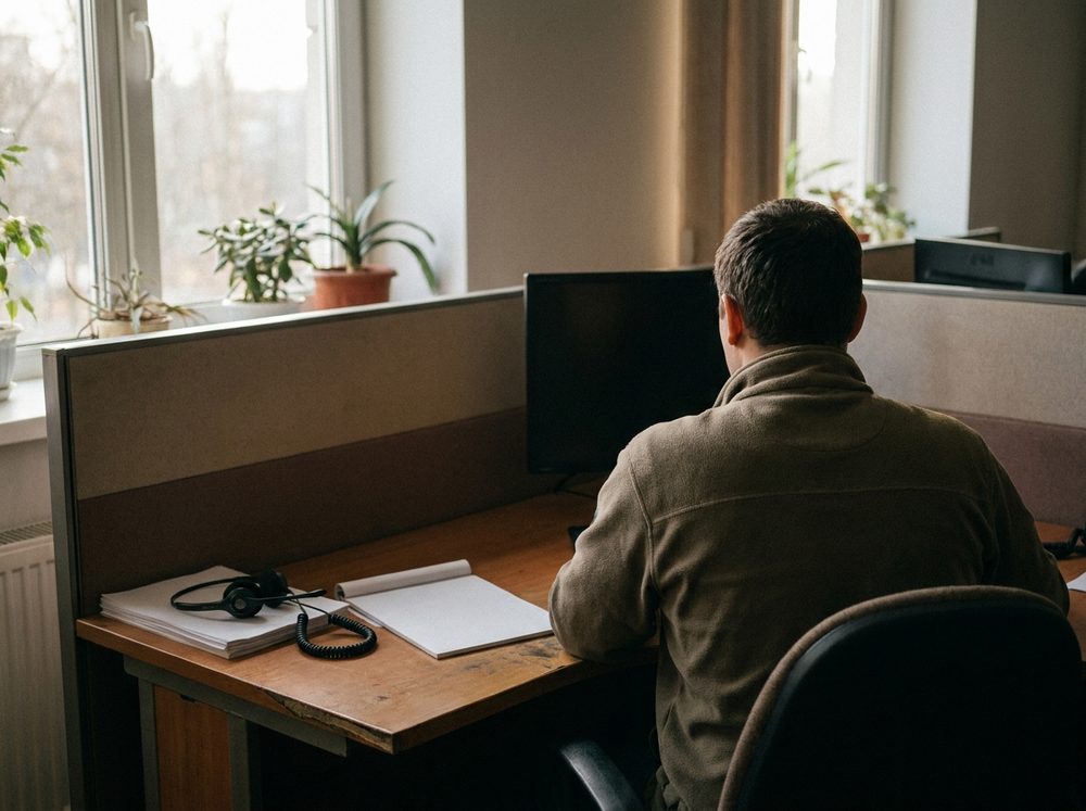 A support desk with a headset resting beside the keyboard.