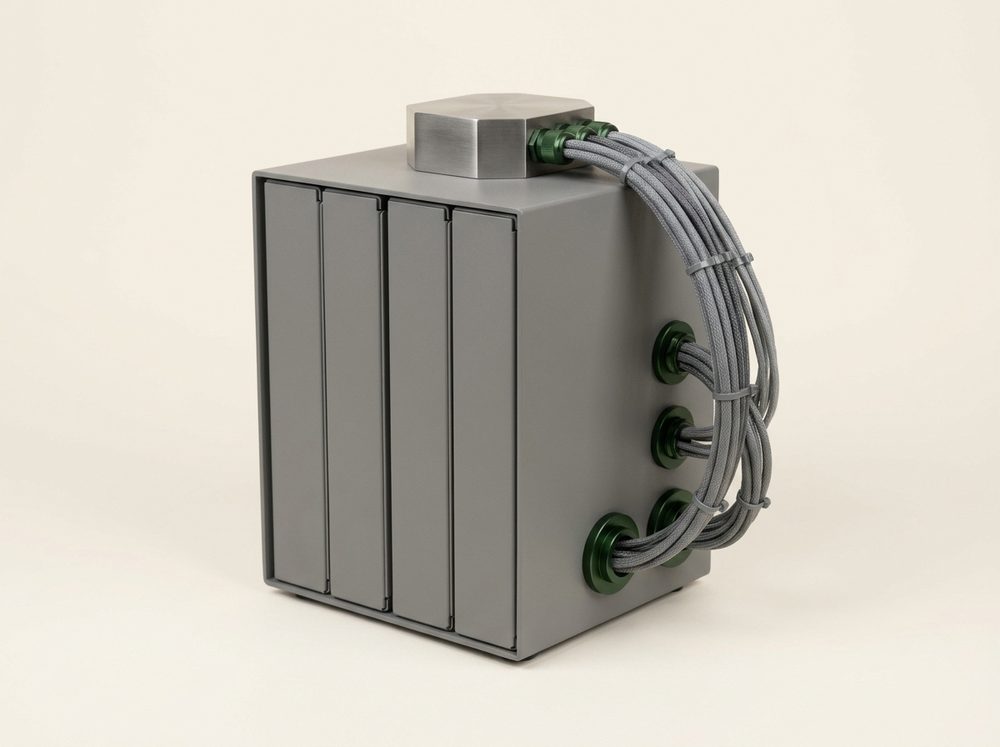 An assembled modular platform: four agent modules seated in one enclosure, a gateway block on top, cabling entering from the side.